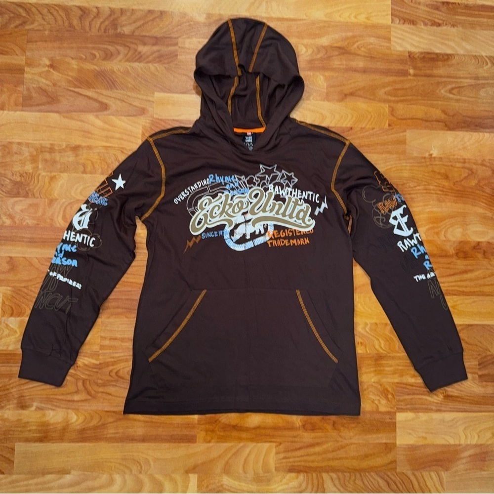 Vtg Y2K Ecko Unltd Long Sleeve Hooded T Shirt All Over Print Brown Mens Size L